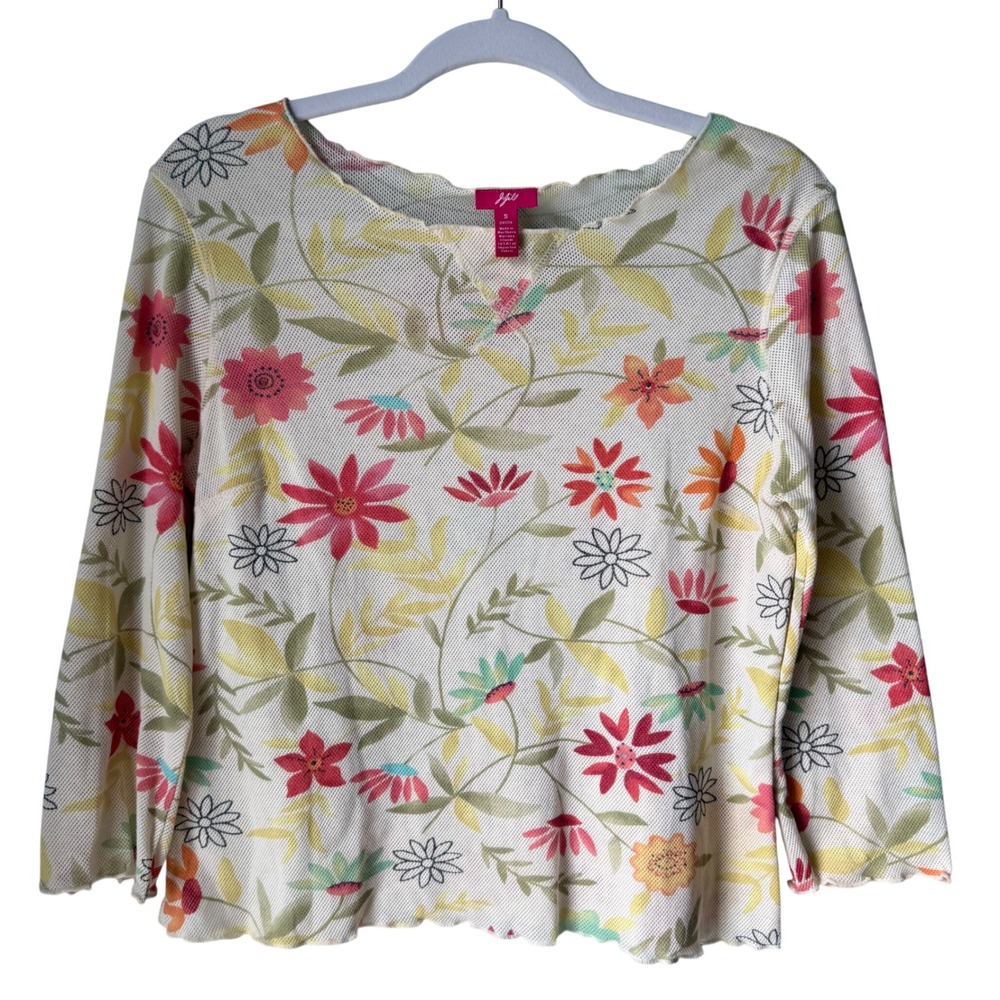J. Jill Mesh‎ Top Yellow Floral Print Ruffled Hem Henley 3/4 Sleeve Size Small